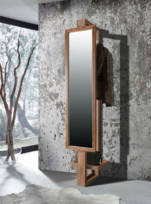 BRICK Wandgarderobe mit Spiegel / 1 Hänger / 1 Ablage Wandgarderobe 45x38x200 cm (L x B x H) aus Shishamholz mit Spiegel; eine Ablage unten; eine Kleiderhänger oben