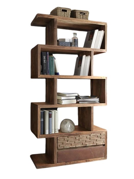 BRICK Bücherregal mit 1 Rostschublade / 1 Schublade Brick Bücherregal mit Büchern und Dekoartikeln vor weißem Hintergrund