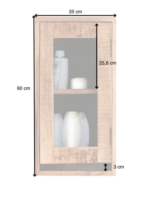 MARBLE Wandschrank mit 1 Glastür Artikelbild mit eingezeichneten Maßen