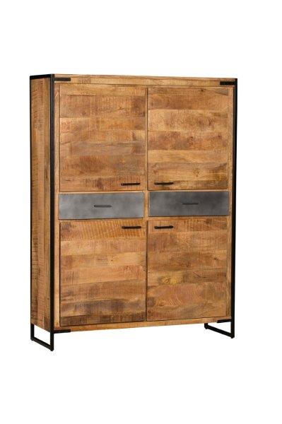 JEPOLO Highboard mit 4 Türen / 2 Schubladen - 4 Einlegeböden Highboard 120x40x160 cm (L x B x H) aus Mangoholz mit Gestell aus Eisen; 2 Türen oben, in der Mitte 2 Schubladen in Eisenoptik, 2 Türen unten