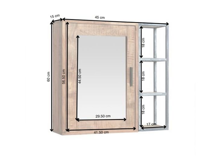 SPRING Bad Spiegelschrank mit 3 seitlichen Ablagen Artikelbild mit eingezeichneten Maßen