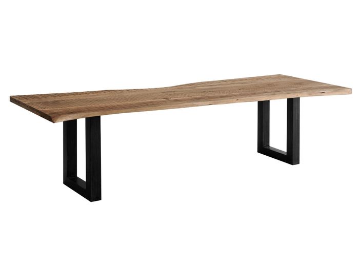 GURU Live edge Bank Iron legs 180x38 Platte 26 mm Produktbild der Guru Sitzbank in der Farbe hela mit natürlicher Baumkante und schwarzen Eisenbeinen vor weißem Hintergrund
