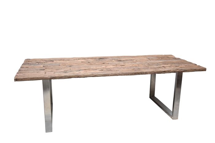SLEEPER Esstisch 240x100 cm, recyceltes Massivholz, Edelstahlgestell Esstisch aus recyceltem Altholz mit Edelstahlgesell in U-Form
