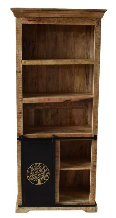 KEYWEST Regal mit 5 Ablagen/ Schiebetüren Regal 80x40x180 cm (L x B x H) aus Mangoholz in der Farbe hela, mit 5 Ablagefächern und einer Schiebetür in schwarz mit Aufdruck
