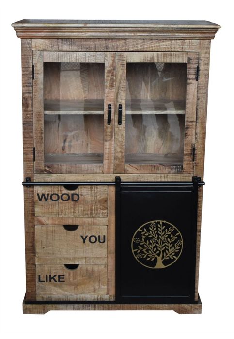KEYWEST Highboard mit 2 Glastüren Highboard 95x40x145 cm (L x B x H) aus Mangoholz in der Farbe hela, mit 2 Glastüren, 3 Schubladen und einer Schiebetür in schwarz, mit Aufdruck