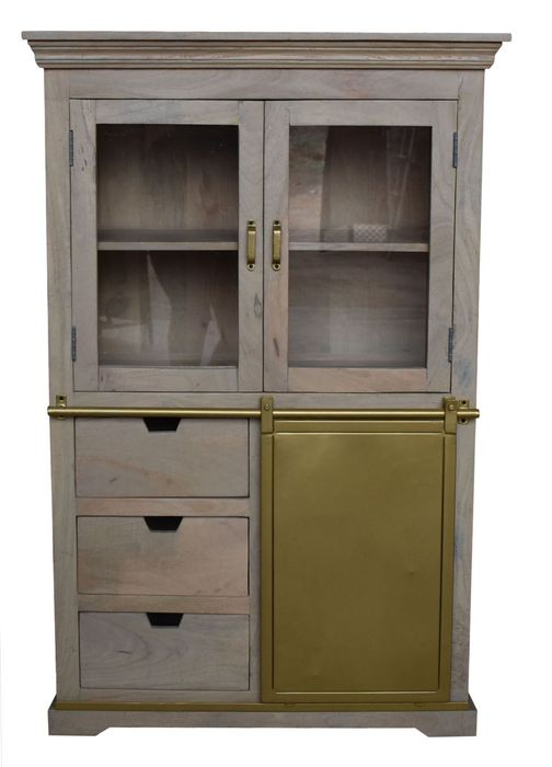 KEYWEST Highboard mit 2 Glastüren, 1 Schiebetüre, 3 Schubfächer Highboard 95x40x145 cm (L x B x H) aus Mangoholz in der Farbe beach, mit 2 Glastüren, 3 Schubladen und einer Schiebetür in gold