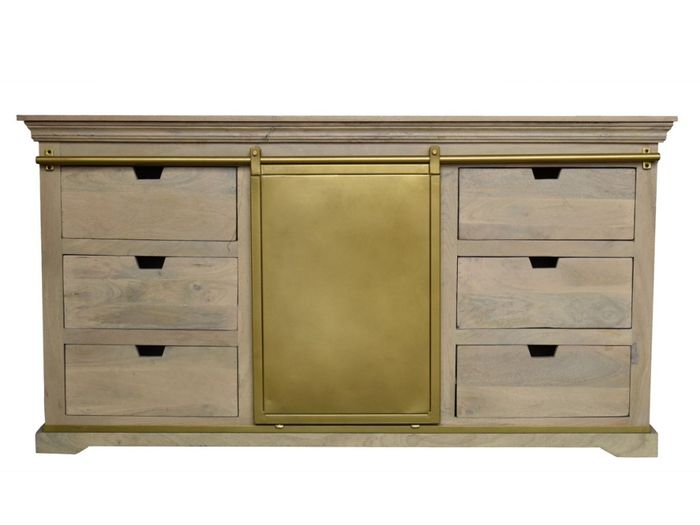 KEYWEST Kommode mit 6 Schubladen/Schiebetür Kommode 160x40x85cm (L x B x H) aus Mangoholz in der Farbe beach mit 6 Schubladen und einer Schiebetür goldfarben