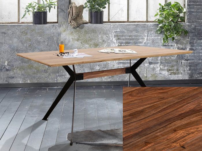YOGA Esstisch Iron legs schwarz 160x90 Top 12mm Artikelbild im Millieu des Yoga Esstisches in der Farbe natur mit Holzmuster in der Farbe nougat
