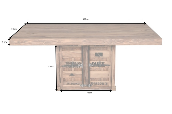 CONTAINER Esstisch 180x90 mit 2 Türen Artikelbild mit eingezeichneten Maßen