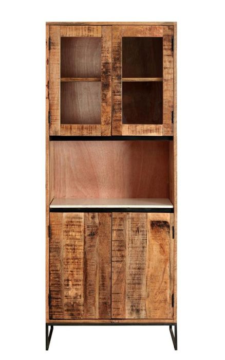 MARBLE Bad Schrank 2 Glas-/ 2 Holztüren /1 Ablage Marmor Bad Schrank 74 x 180 x 30 cm (B/H/T) aus Mangoholz mit Eisenscharnieren und Eisenfußgestell; mit 2 Glastüren oben und 2 Holztüren untern, dazwischen eine Ablagefläche