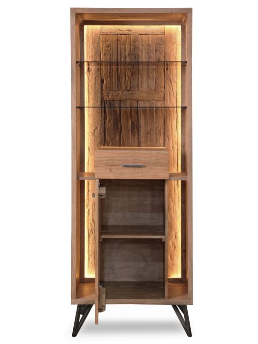 HUDSON Vitrine 1 Tür / 1 Schublade / 2 Glasböden / Licht Hudson Vitrine mit geöffneter Türe und sichtbarem Einlegeboden