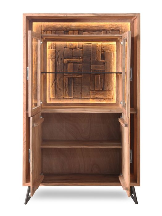 HUDSON Vitrine 2 Glas-/ 2 Holztüren / 1 Glasboden / Licht Hudson Vitrine mit Beleuchtung vor weißem Hintergrund mit geöffneten Türen und sichtbarem Regalbrett