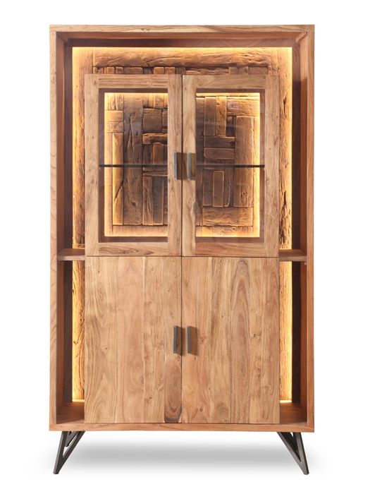 HUDSON Vitrine 2 Glas-/ 2 Holztüren / 1 Glasboden / Licht Hudson Vitrine mit Beleuchtung vor weißem Hintergrund in Frontansicht