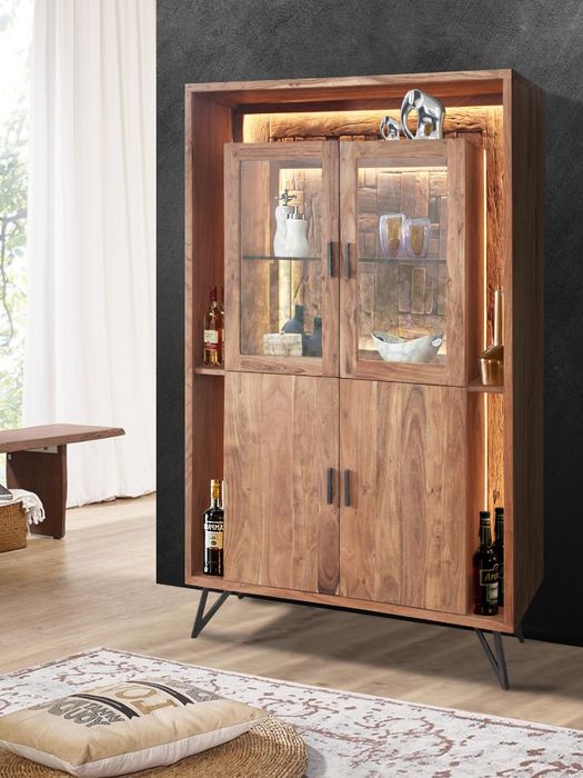 HUDSON Vitrine 2 Glas-/ 2 Holztüren / 1 Glasboden / Licht Hudson Vitrine mit Beleuchtung im Wohnraum mit Dekoelementen