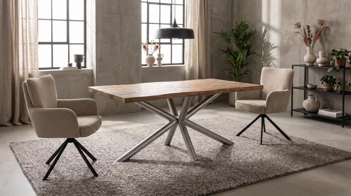 Esstisch Baumkante Mangoholz 240x100 cm, Tischfuß Memphis round silber Esstisch Baumkante Mangoholz 240x100 cm, Tischfuß Memphis round silber