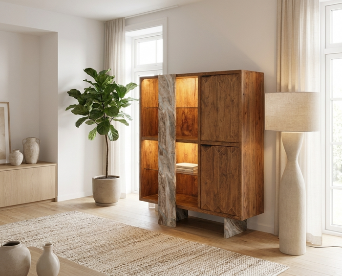 MARBLE Highboard 2 Türen / 4 Fächer / Marmor / Licht MARBLE Highboard 2 Türen / 4 Fächer / Marmor / Licht