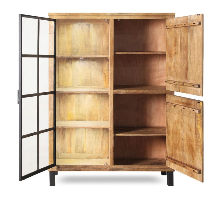 KALI Highbaord Massivholz Mango mit 2 Holz- / 1 Glastür & Licht KALI Highbaord Massivholz Mango mit 2 Holz- / 1 Glastür & Licht