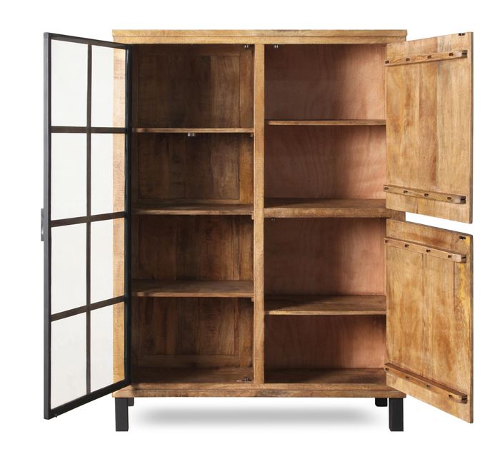 KALI Highbaord Massivholz Mango mit 2 Holz- / 1 Glastür & Licht KALI Highbaord Massivholz Mango mit 2 Holz- / 1 Glastür & Licht