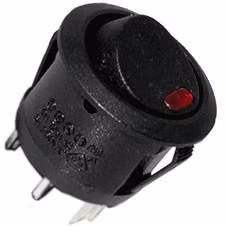 Round rocker switch ON | OFF with red 12 volt control LED lighting, switching current 20A