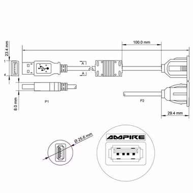 AMPIRE USB-Einbaubuchse mit 150cm Kabel