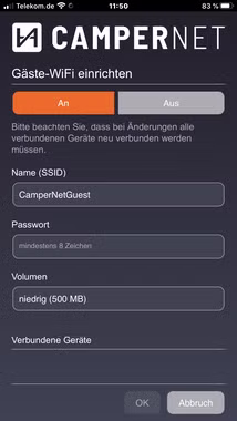 CamperNet LTE/WLAN MiMo Router mit LTE & Wlan MiMo Antenne Foto Weboberfläche Wlan Netzwerke & Gästenetzwerk