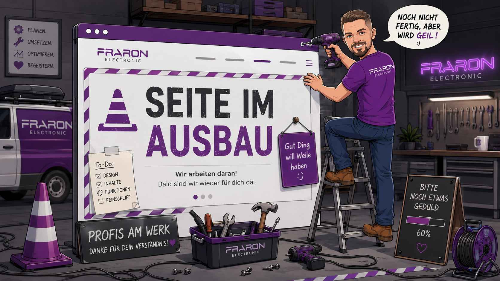 Illustration einer noch im Ausbau befindlichen Fraron Themenseite mit Werkstattmitarbeiter, Werkzeug und Baustellenelementen