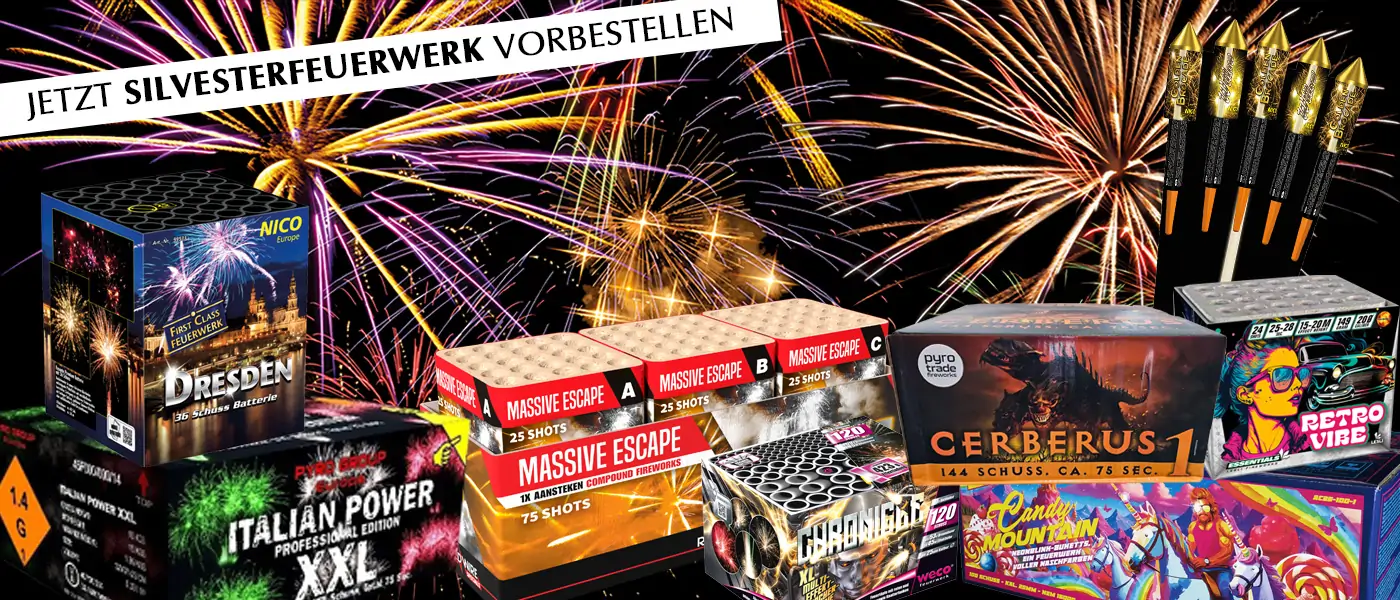 Hauptbanner für den Feuerwerk Onlineshop Abgebildet sind diversen Feuerwerksartikel als Werbegrafik
