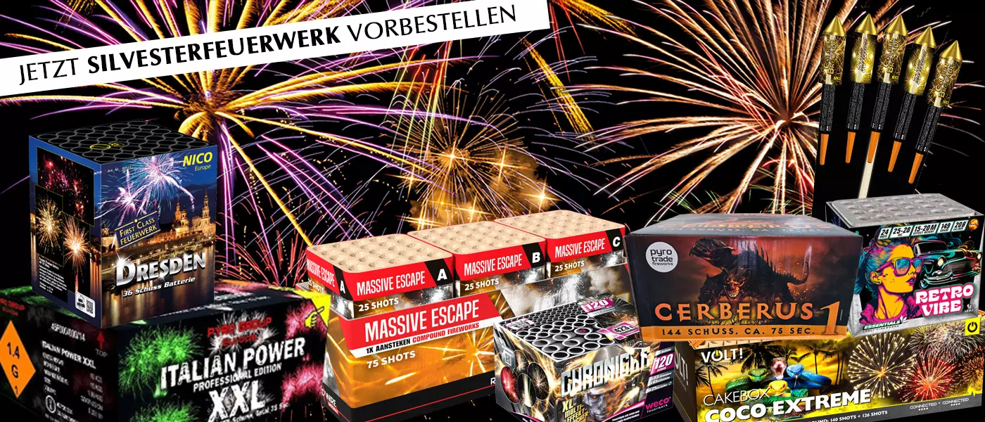 Abgebildet sind diversen Feuerwerksartikel als Werbegrafik