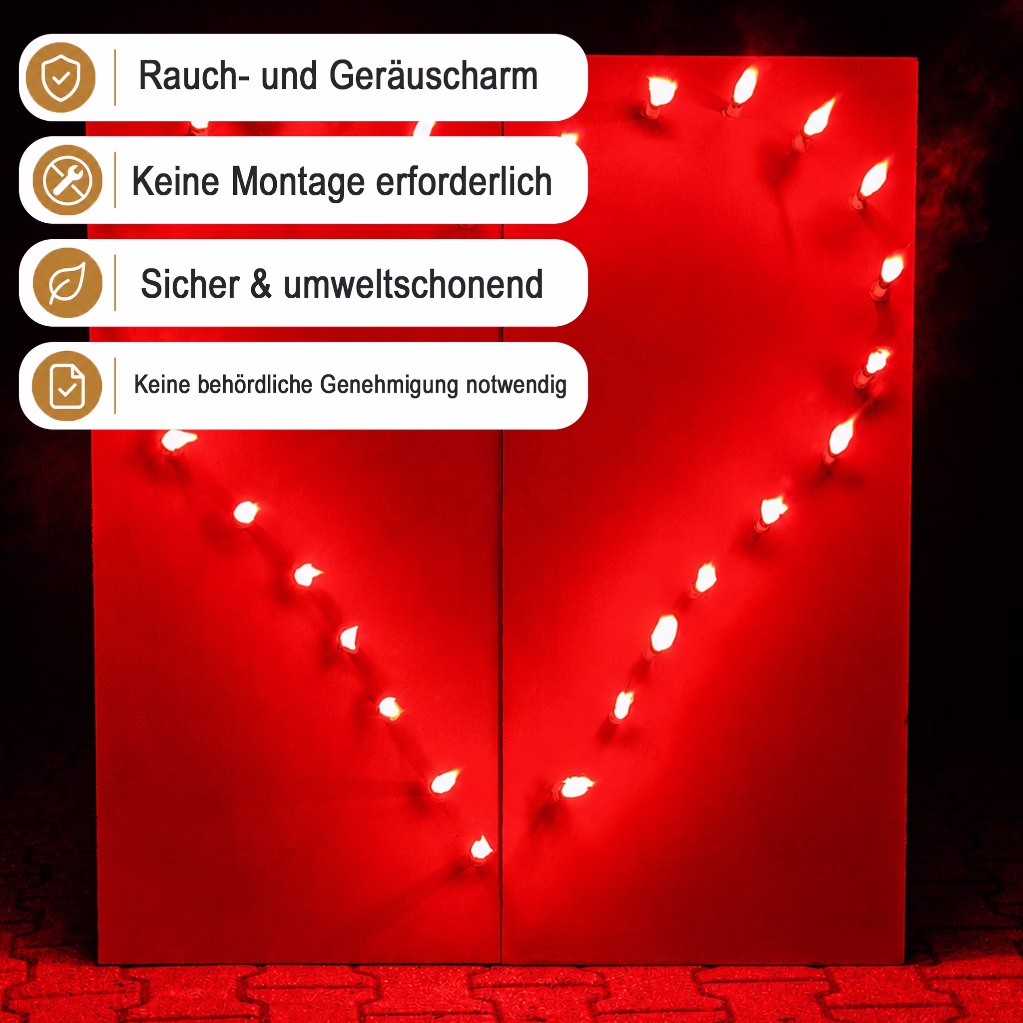 Lichterbild Brennendes Rotes Herz steht auf Pflastersteinen ergänzend mit Hinweis-Bannern zu raucharmem und genehmigungsfreiem Einsatz bei Dunkelheit.
