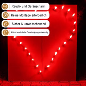 Lichterbild Brennendes Rotes Herz steht auf Pflastersteinen ergänzend mit Hinweis-Bannern zu raucharmem und genehmigungsfreiem Einsatz bei Dunkelheit.