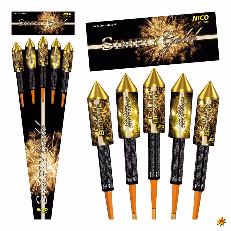 Simply Gold 5 Feuerwerksraketen mit ausgewählten Goldeffekten Simply Gold 5 Feuerwerksraketen mit ausgewählten Goldeffekten