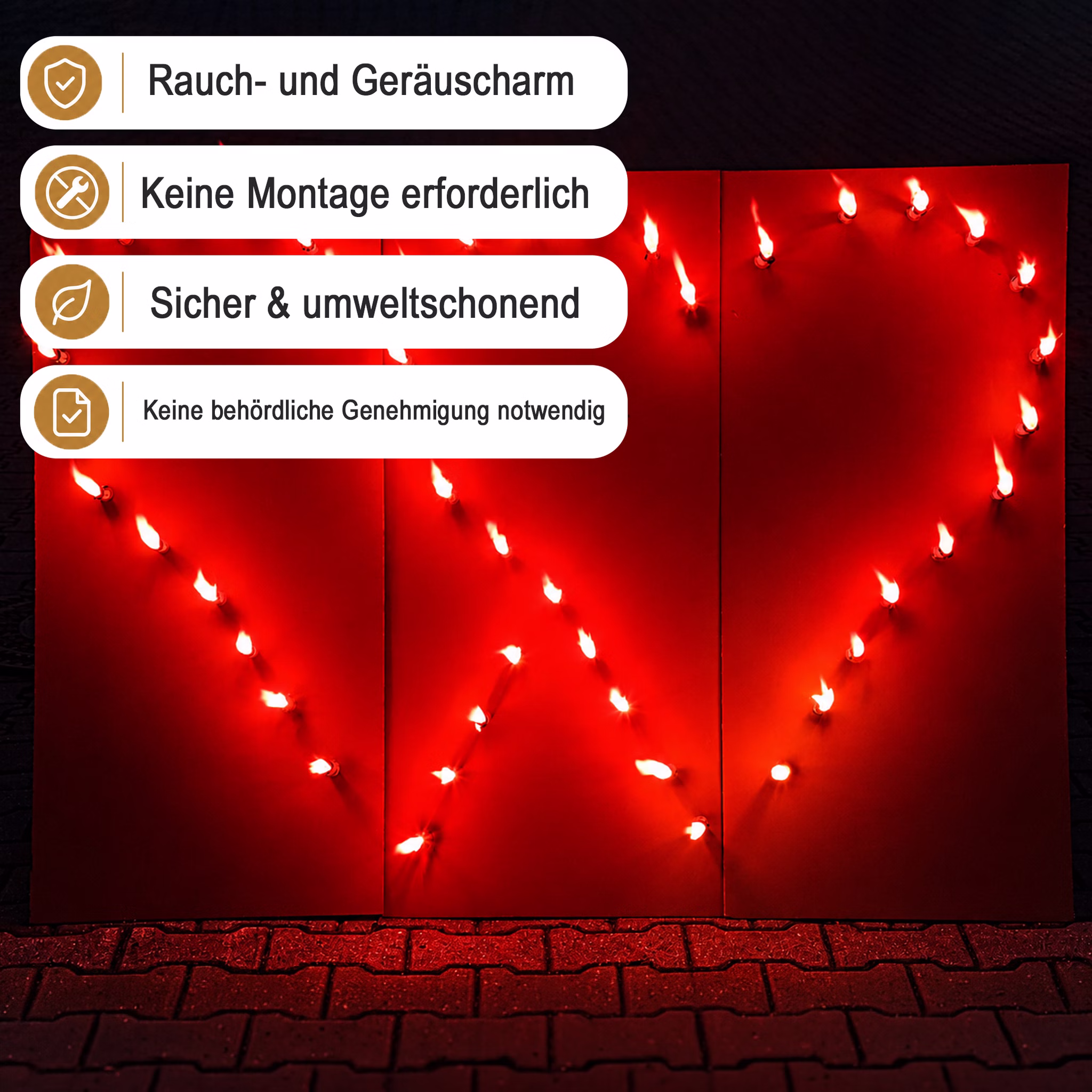 Lichterbild Brennendes rotes Doppelherz mit Hinweis-Bannern zu raucharmem und genehmigungsfreiem Einsatz.