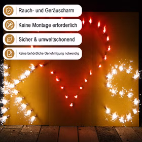 Lichterbild rotes Herz mit 2 Buchstaben zum Beispiel K und S mit Hinweis-Bannern zu raucharmem und genehmigungsfreiem Einsatz.