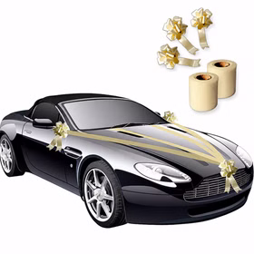 Hochzeitsauto Deko Set Elfenbein Anwendung Schwarzes Hochzeitsauto dekoriert mit elfenbeinfarbenen Bändern und Schleifen, daneben zwei Rollen Tüll und drei Autoschleifen.