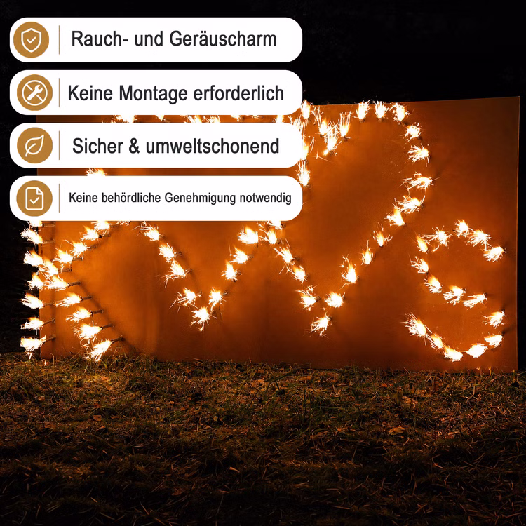 Lichterbild brennendes Doppelherz mit zwei Buchstaben nach Wahl Geschenkidee Hochzeit Verlobung Jubiläum Liebesbeweis Lichterbild Brennendes Doppelherz mit den Buchstaben K und S und mit Hinweis-Bannern zu raucharmem und genehmigungsfreiem Einsatz.