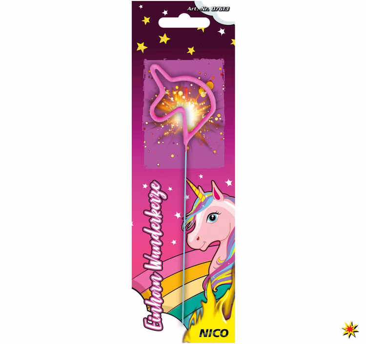 Eine Wunderkerze im pinken Einhorn-Design von Nico Kinderfeuerwerk Eine Wunderkerze im pinken Einhorn-Design von Nico Kinderfeuerwerk