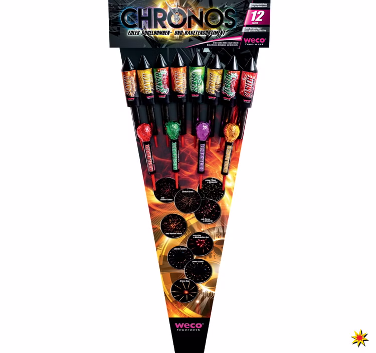 Chronos - 12 bunte Feuerwerksraketen in einer Verpackung Chronos - 12 bunte Feuerwerksraketen in einer Verpackung
