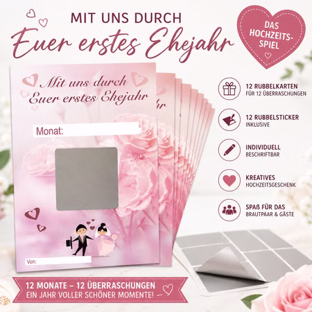 Hochzeitsspiel „Mit uns durch Euer erstes Ehejahr“ 12 Gutscheinkarten mit Rubbelstickern Hochzeitsspiel & Geschenkidee Heiraten Brautpaar Geschenkidee Hochzeit Wedding Gutschein Geschenkgutschein JGA Partyspiel Hochzeits-Spiel mit 12 Rubbelkarten und Rubbelstickern für monatliche Überraschungen im ersten Ehejahr – dekorativ präsentiert.