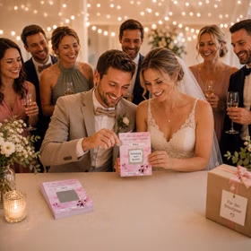 Hochzeitsspiel „Mit uns durch Euer erstes Ehejahr“ 12 Gutscheinkarten mit Rubbelstickern Hochzeitsspiel & Geschenkidee Heiraten Brautpaar Geschenkidee Hochzeit Wedding Gutschein Geschenkgutschein JGA Partyspiel Brautpaar rubbelt gemeinsam eine Hochzeitskarte frei, während Gäste gespannt zusehen – kreative Überraschungsidee zur Hochzeit.
