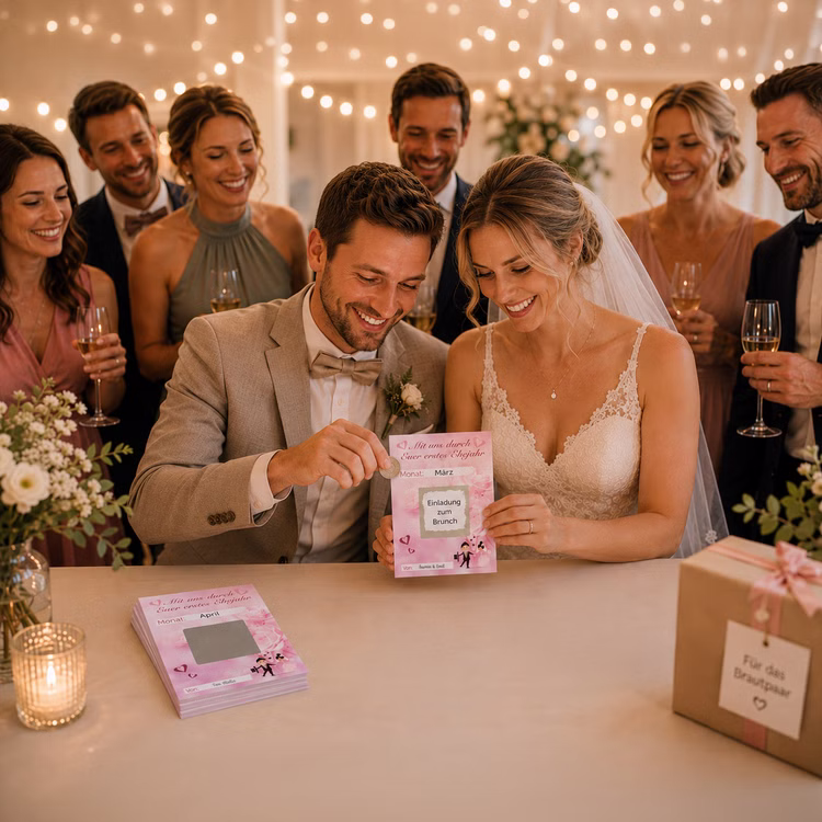 Hochzeitsspiel „Mit uns durch Euer erstes Ehejahr“ 12 Gutscheinkarten mit Rubbelstickern Hochzeitsspiel & Geschenkidee Heiraten Brautpaar Geschenkidee Hochzeit Wedding Gutschein Geschenkgutschein JGA Partyspiel Brautpaar rubbelt gemeinsam eine Hochzeitskarte frei, während Gäste gespannt zusehen – kreative Überraschungsidee zur Hochzeit.