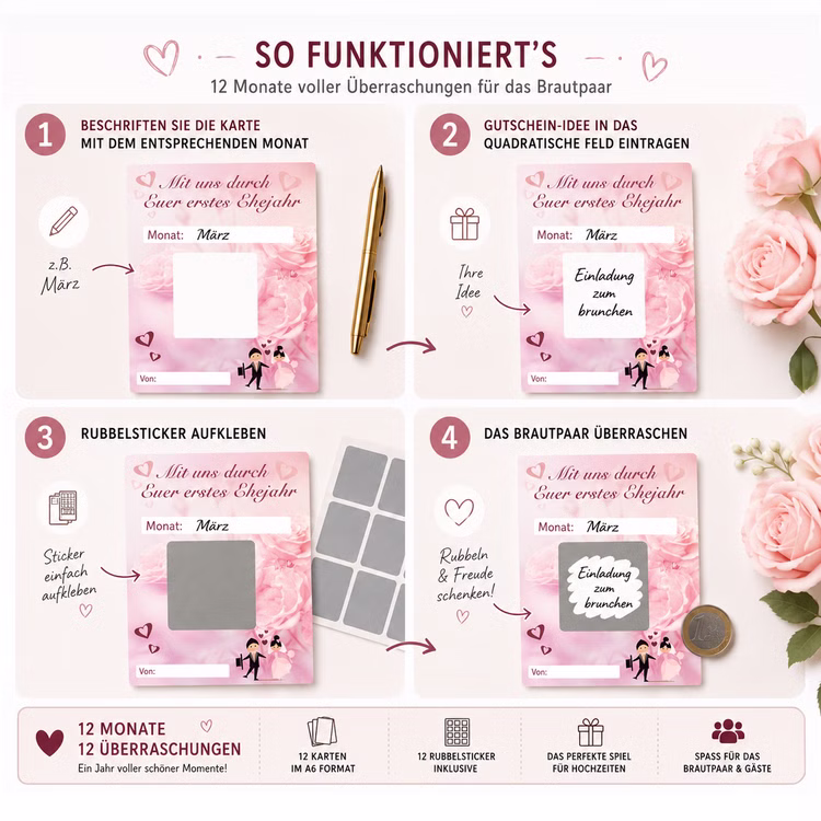 Hochzeitsspiel „Mit uns durch Euer erstes Ehejahr“ 12 Gutscheinkarten mit Rubbelstickern Hochzeitsspiel & Geschenkidee Heiraten Brautpaar Geschenkidee Hochzeit Wedding Gutschein Geschenkgutschein JGA Partyspiel Anleitung zur Nutzung der Rubbelkarten: Monat eintragen, Überraschung notieren, Rubbelsticker aufkleben und dem Brautpaar schenken.