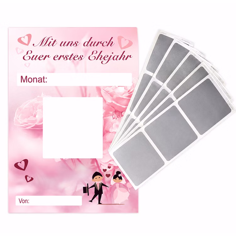 Hochzeitsspiel „Mit uns durch Euer erstes Ehejahr“ 12 Gutscheinkarten mit Rubbelstickern Hochzeitsspiel & Geschenkidee Heiraten Brautpaar Geschenkidee Hochzeit Wedding Gutschein Geschenkgutschein JGA Partyspiel Rosa Rubbelkarten-Set „Mit uns durch Euer erstes Ehejahr“ mit Rubbelstickern auf weißem Hintergrund als romantisches Hochzeitsgeschenk dargestellt.