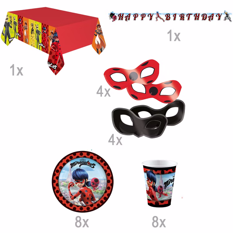Party-Set Kindergeburtstag Miraculous Ladybug Cat Noir 26-tlg. Geburtstag Geschirr Mädchen Superhelden Kinderfasching Einschulung Mottoparty Übersicht über die einzelnen Bestandteile des Party-Sets.