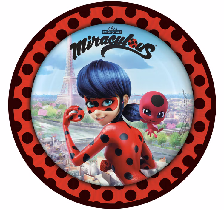 Party-Set Kindergeburtstag Miraculous Ladybug Cat Noir 26-tlg. Geburtstag Geschirr Mädchen Superhelden Kinderfasching Einschulung Mottoparty Miraculous-Teller von Vorne auf weißem Hintergrund.