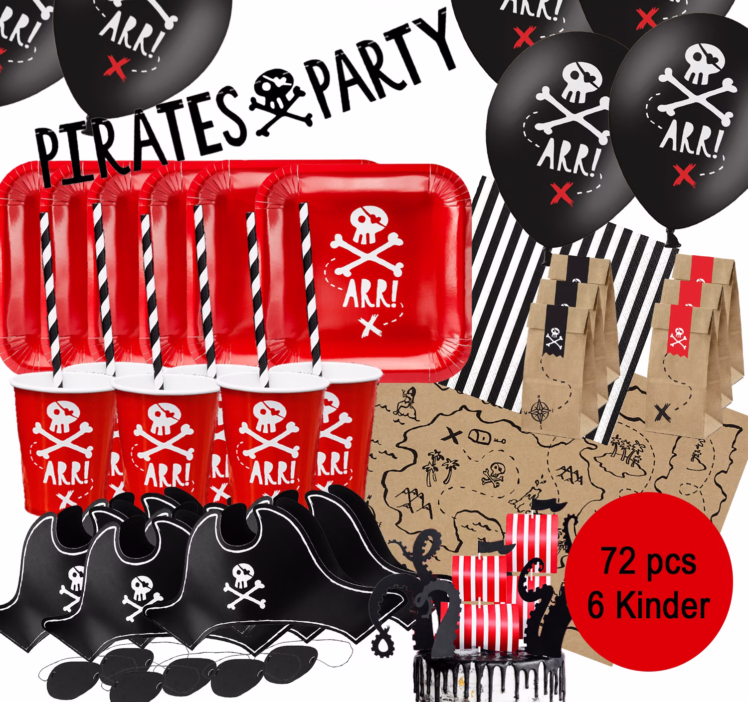 Party-Set Kinder Geburtstag Pirat Deko Luftballons, 72-tlg. deluxe Kindergeburtstag Mottoparty Kinderfasching
