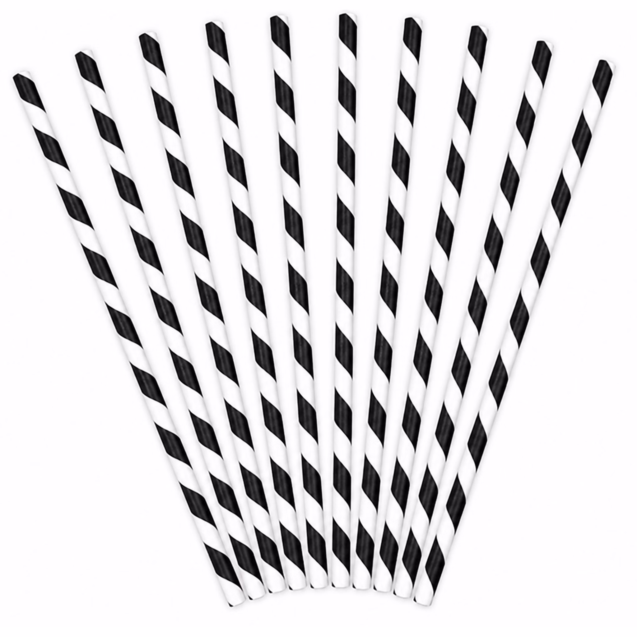 Zehn schwarz-weiß gestreiften Papierstrohhalmen aus Pappe nebeneinander aufgereiht.