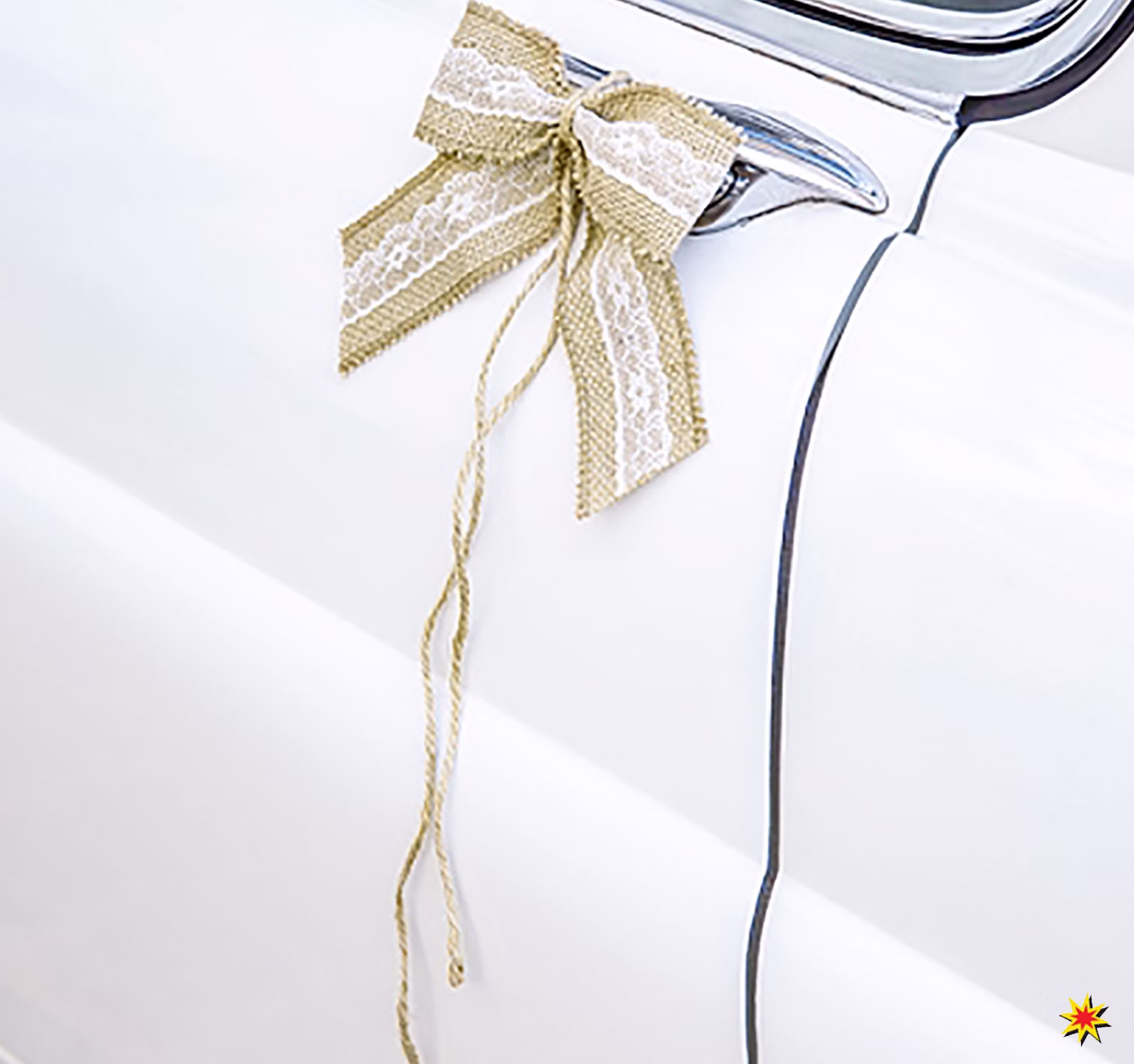 Autoschleifen Hochzeit Set Motorhaube Dosen braun weiß gold Brautauto Wedding Car Autoschmuck