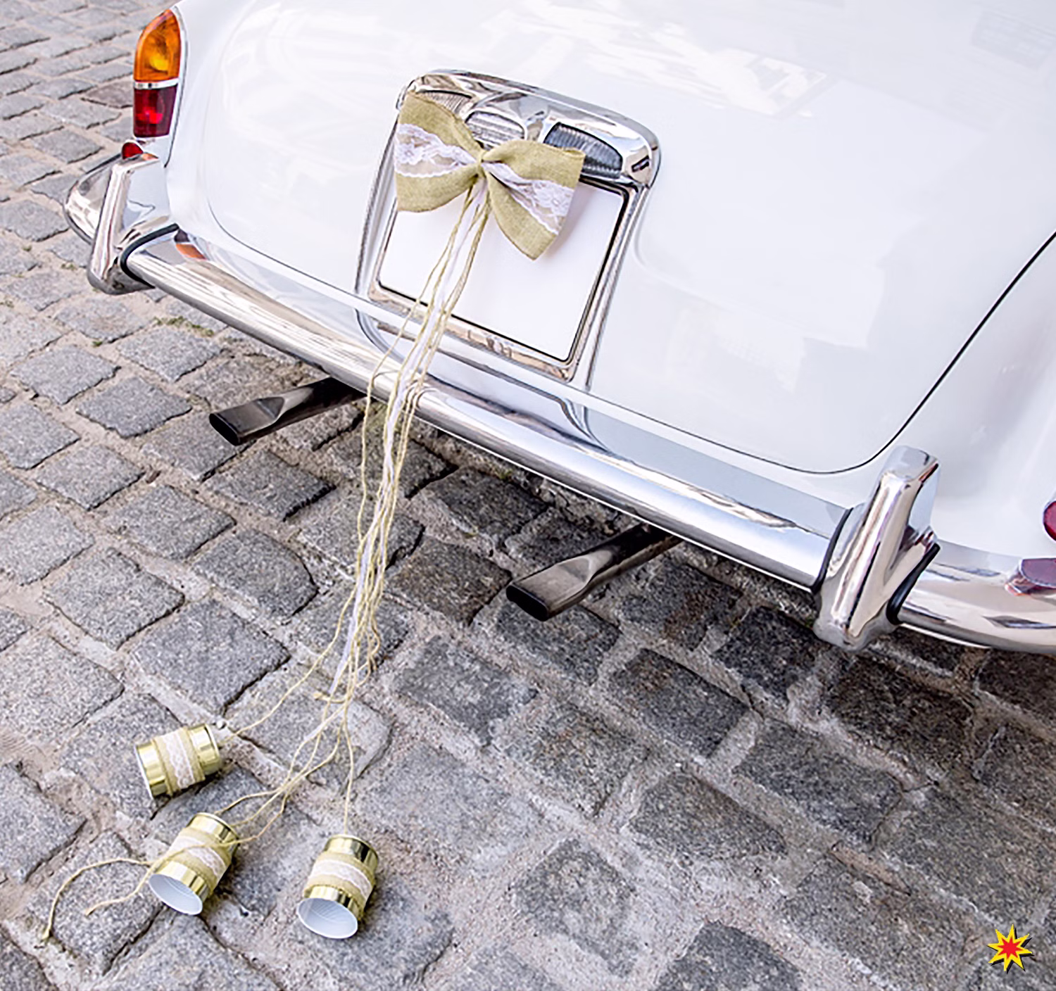 Autoschleifen Hochzeit Set Motorhaube Dosen braun weiß gold Brautauto Wedding Car Autoschmuck