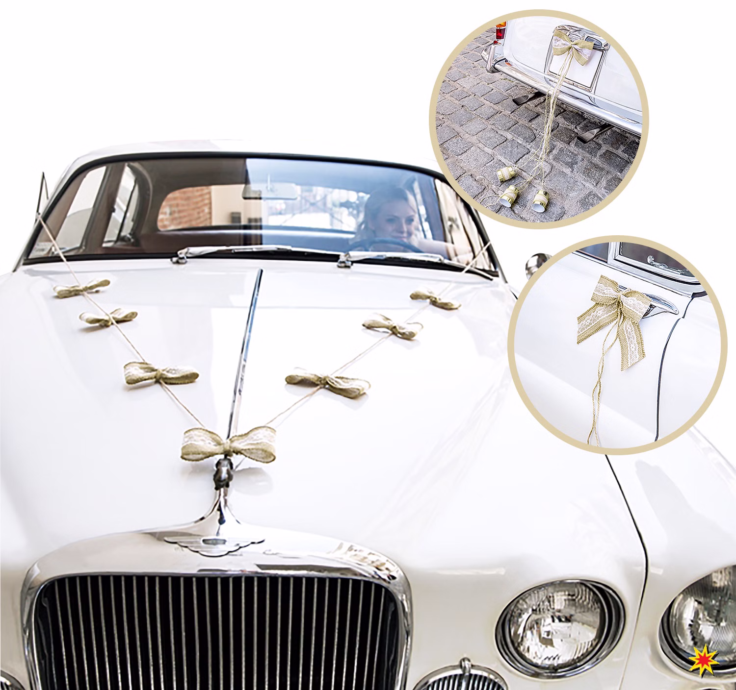 Autoschleifen Hochzeit Set Motorhaube Dosen braun weiß gold Brautauto Wedding Car Autoschmuck