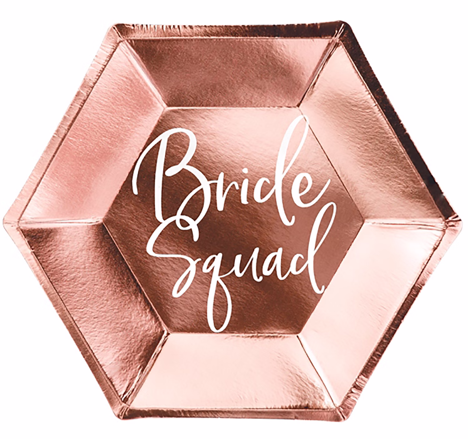 Roségoldfarbener sechseckiger Pappteller mit weißem Bride Squad Schriftzug für Junggesellinnenabschied und Brautparty.